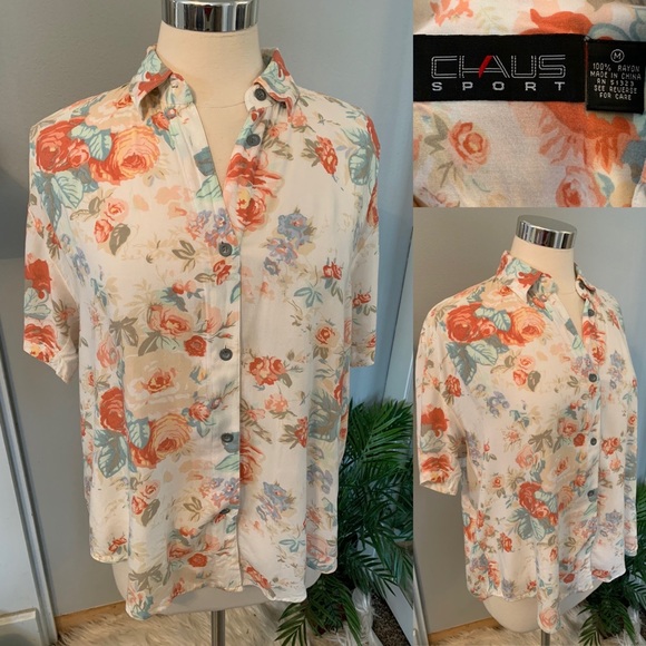 Vintage 90s Y2K Floral Button up Blouse M oversized lightweight coastal cowgirl - Picture 6 of 14